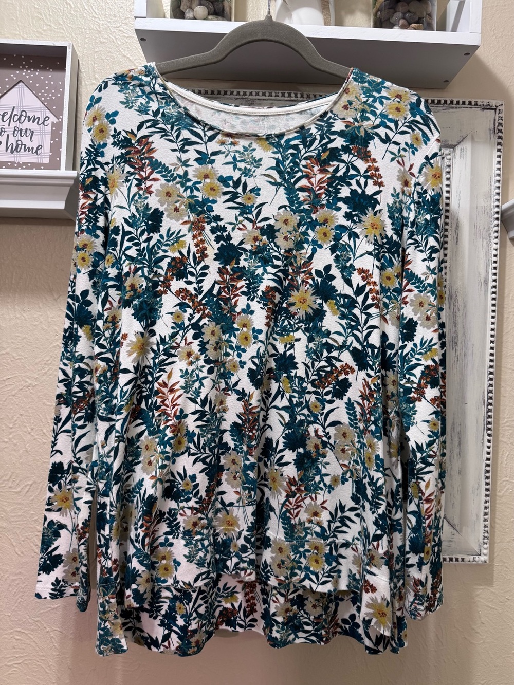 J. Jill Perfect Pima High Low White Long-Sleeve Floral Tee Sz L Tunic Style